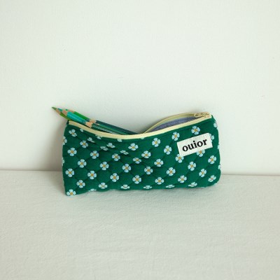 ouior flat pencil case-dot flower green(topside zipper)