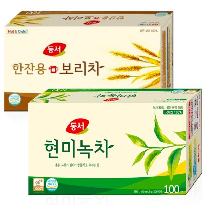 동서 차 2종 세트 현미녹차 100T+한잔용 보리차 100T /곡물차/곡식차