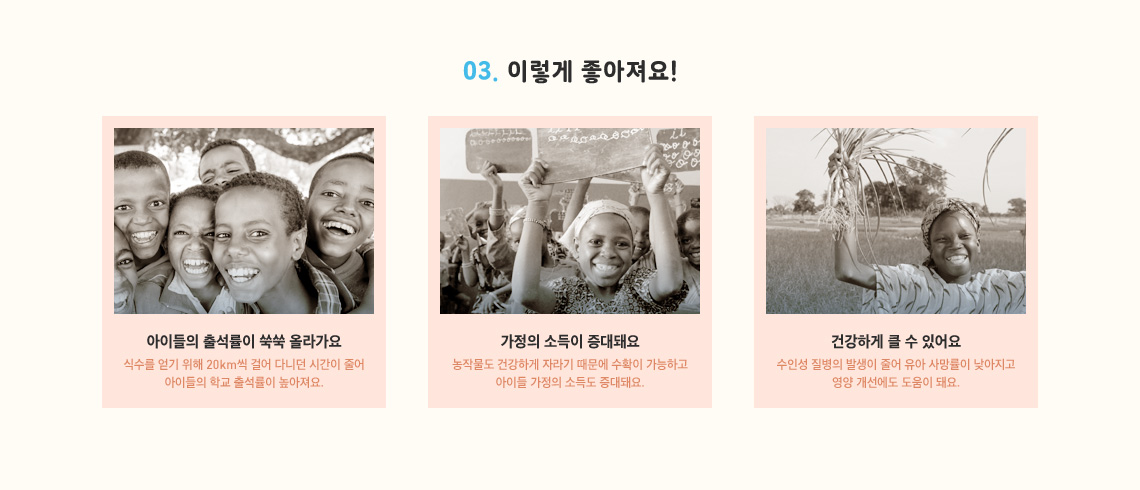 이렇게 좋아져요! 식수를 얻기 위해 20km씩 걸어 다니던 시간이 줄어 아이들의 학교 출석률이 높아져요. 농작물도 건강하게 자라기 때문에 수확이 가능하고 아이들 가정의 소득도 증대돼요. 건강하게 클 수 있어요 수인성 질병의 발생이 줄어 유아 사망률이 낮아지고 영양 개선에도 도움이 돼요.