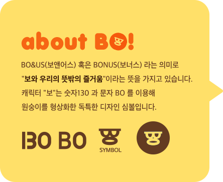 about BO! BO&US(보앤어스) 혹은 BONUS(보너스) 라는 의미로 보와 우리의 뜻밖의 즐거움이라는 뜻을 가지고 있습니다. 캐릭터 보는 숫자130 과 문자 BO 를 이용해 원숭이를 형상화한 독특한 디자인 심볼입니다.