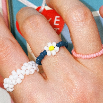 Blue Daisy Flower Beads Ring