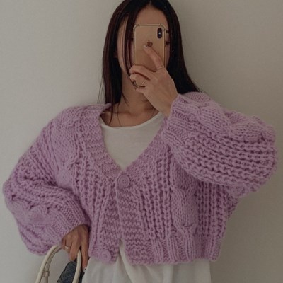 여성 브이넥 핸드 모헤어 빅꽈배기 가디건
