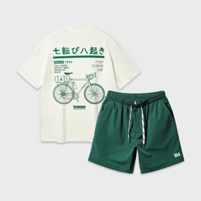 [SET] 앨빈클로 바이시클 오버핏 반팔티 스트링 포인트 우븐 반바지 