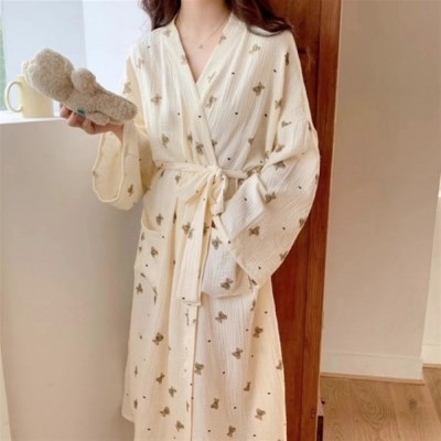 여성 홈웨어 가운 파자마 긴팔 요루면 패턴 잠옷