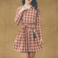 서리나래 레드체크 투피스