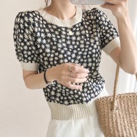 데이지향기 벌룬 퍼프 플라워 반팔 니트(mknit1525)_(1903006)
