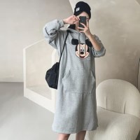 여성 겨울 스마일 미키 기모 후드 롱 원피스 드레스