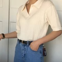 여성 봄 여름 꽈배기 카라 버튼 반팔 니트