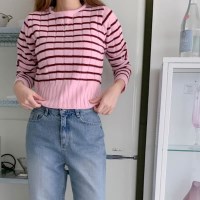 여성 세렌드 라운드넥 단가라 긴팔 크롭 니트