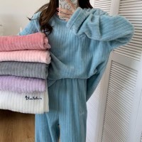 여성 학생 따뜻한 골지 극세사 잠옷 세트 부드러움 겨울 홈웨어 커플