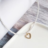 ZC229 촘촘 진주 구슬 큐빅 하트 팬던트 포인트 초커 목걸이