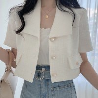 반팔 숄카라 린넨 스타일 자켓 포켓 단추 트위드 캐주얼 재킷