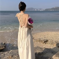 비치 홀터넥 반전 백 로프 민소매 롱 원피스 화이트 그물 여성 치마