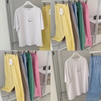 학생 봄 여름 기본 체크 여성 여자 잠옷 홈웨어 티셔츠 티 바지 세트