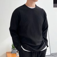 블레오[BLEO] 남성 봄 가을 기본 라운드 플리츠 무지티 긴팔 티셔츠