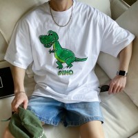 공룡 그림 빅사이즈 커플 박스 루즈핏 라운드 반팔 티셔츠