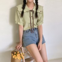 꽃자수 배색 러블리 카라 여름 블라우스