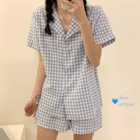 심플 시원한 블루 체크 반팔 파자마 세트 여름 잠옷 홈웨어