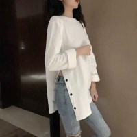 여자 2컬러 옆 라인 단추 포인트 롱 티셔츠
