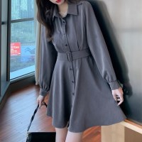 여성 가을 싱글 하이웨이스트 슬림 셔츠 원피스