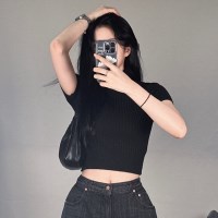 골지 목폴라 크롭 여성 반팔 니트 2color 터틀넥 폴라 티 블랙