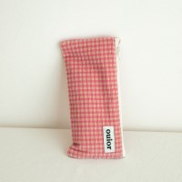 flat pencil case - corduroy cherry pink check (topside zipper)