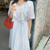 여름 빅사이즈 롱 반팔 쉬폰 휴양지원피스 플리츠 랩