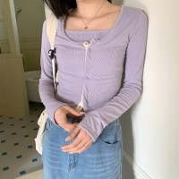 여자 봄 발레코어 유넥 골지 슬림 가디건 세트
