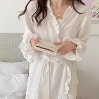 리본 프릴 홈웨어 가운 로브 잠옷 목욕 호캉스 사계절 긴팔 얇은 가