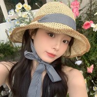 바기디 여름 라탄 체크 리본 벙거지 밀짚 모자