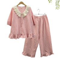 [애슬릿]파자마 여름 홈웨어 체크 프릴 반팔 잠옷 세트