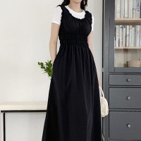 여자 여름 프렌치 셔링 스모크 민소매 롱원피스