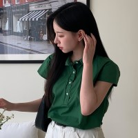 여성 여름 반오픈 카라넥 코튼 캡소매 T