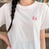 여성 라운드넥 소녀 자수 포인트 베이직 반팔티