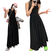 데일리 여행 나들이 여성 밴딩 플레어 민소매 롱 원피스