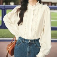 (당일) 여성 프릴 레이스 넥 포인트 페미닌 블라우스