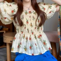 여성 로즈 플라워 퍼프 소매 플리츠 여름 블라우스
