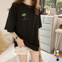 여성 데일리 꾸안꾸 우산 자수 반팔 롱티셔츠