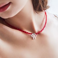 red ribbon glass beads-necklace