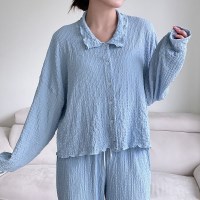 여자 홈웨어 파자마 물결 카라넥 통팬츠 세트