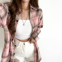 오버핏 핑크 딸기 체크 가을 셔츠 to-2374d