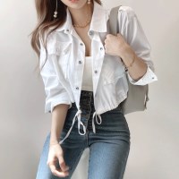 퀸페이지 크롭 견장 야상 셔링 자켓 포켓 스트링 숏 긴팔 트렌치 얇