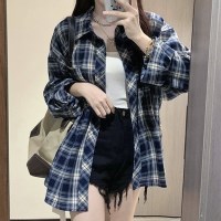 퀸페이지 네이비 체크 패턴 셔츠 무늬 캐주얼 카라 오버핏 긴팔 남방