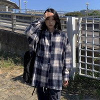 네이비 핑크 체크 오버핏 루즈핏 타탄 체크 남방
