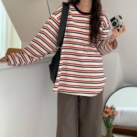 박스 단가라 레드 스트라이프 긴팔 라운드 티셔츠