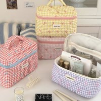 포포로 체크 리본 대용량 여행용 손잡이 속옷 화장품 파우치 가방