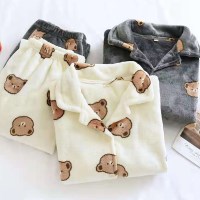 극세사 빅곰돌이 패턴 베어 단추 수면 겨울 잠옷 세트