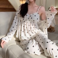 리레브 도트 3피스 여성 파자마 긴팔 나시 잠옷 홈웨어 상하세트