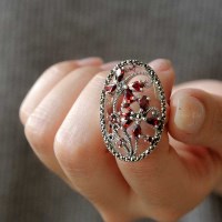 바이데이지 가넷 원석 플라워 펜던트 실버 반지 Br0342