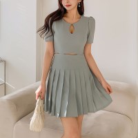 여자 파티룩 트임 플리츠 반팔 스판 미니원피스